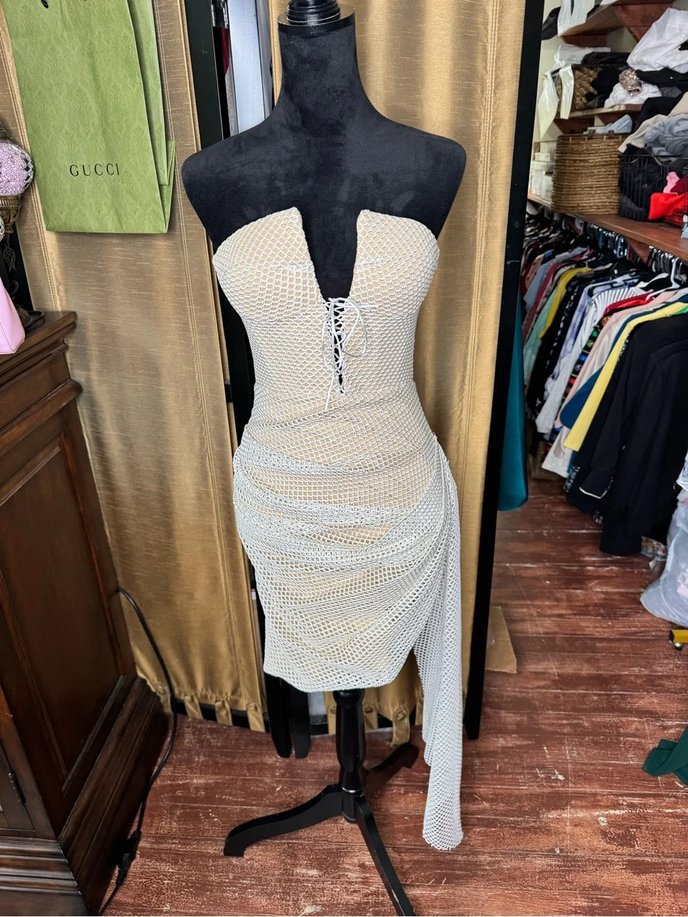Miss Circle New York White Crochet Mesh Strapless Bodycon Dress S